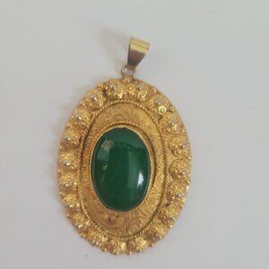 Vintage Italian Gold-Tone Pendant With Green Glass Cabochon & Faux Pearl Accents